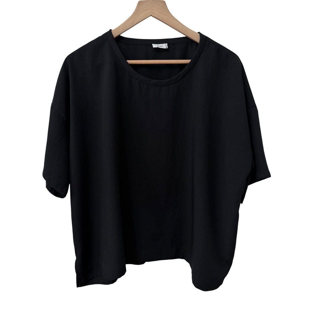 Vince Top Medium Black Boxy Short Sleeve Blouse Crew Neck Side Slit Minimalist
